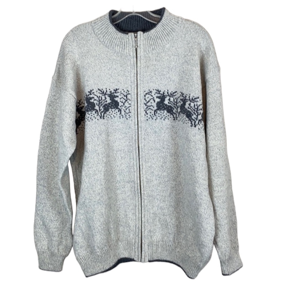 Baltic Inspirations Gray Wool Blend Sweater Cardigan W/ Reindeer Design Size XL